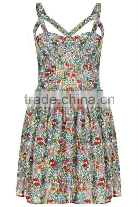 Newest fashion floral print with bust cup & cutout lady's summer prom dress