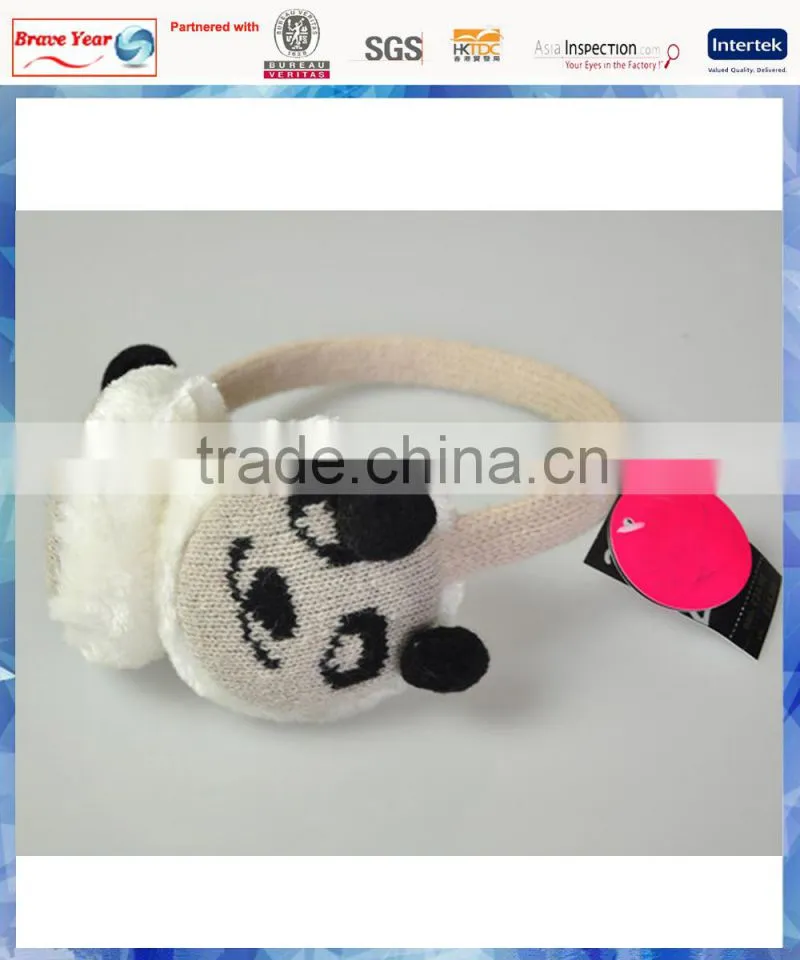 2014 women beige and black panda knitted custom earmuff