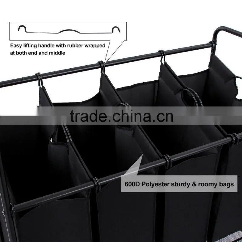 Black Heavy Duty 4-bag Rolling Laundry Sorter/Cart/Rack Hamper with Hanging Bar