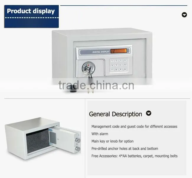 Electronic safe for home and hotel with mechanical keys and digit panel LCD display