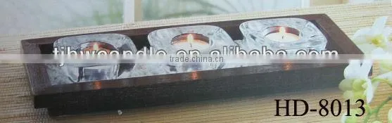 glass candle holder with wooden tray gift set