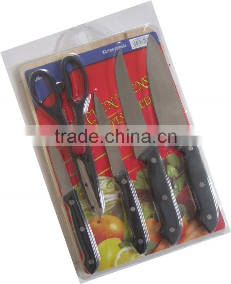 Stainless steel knife set with scissor with wooden cutting board