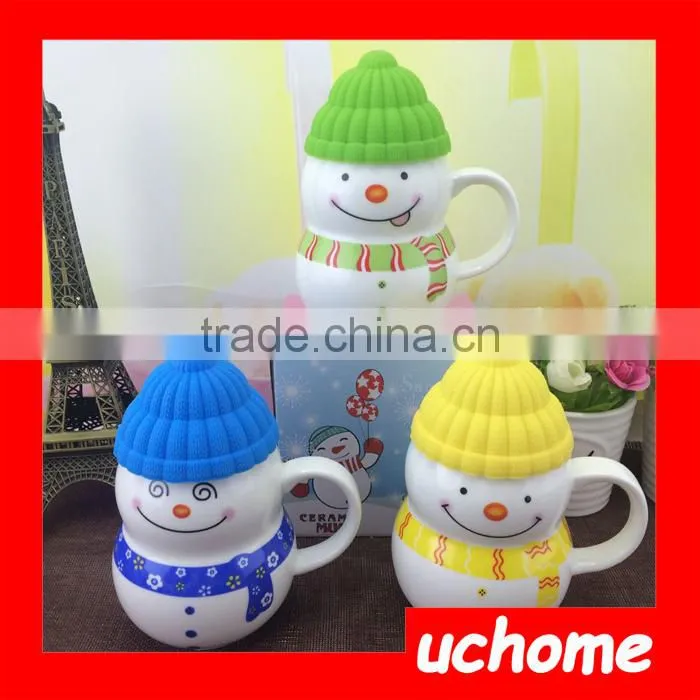 UCHOME Cute Creative Snowman Ceramic Cup Tea Milk Coffee Mug with Spoon & Lid