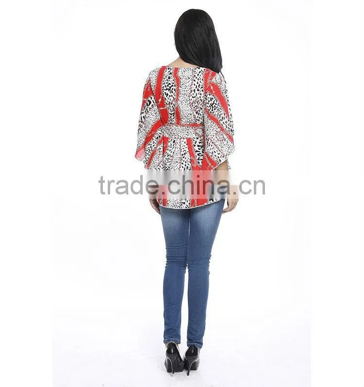 Women V Neck Printed Loose Bat Sleeve Chiffon Blouse