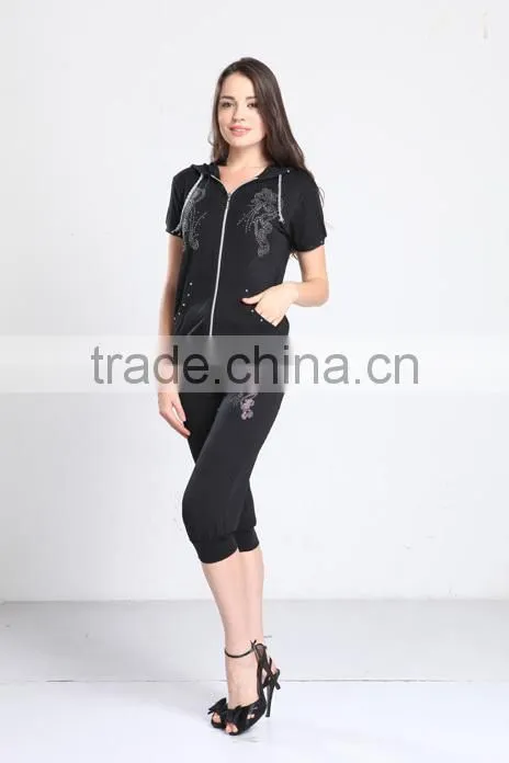 Summer diammon printing wholesale women jogging suits with hood