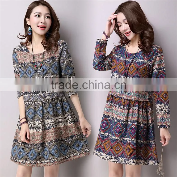 2017 new design Large size fashion ladies Retro national wind style ladies dress Cotton printed dress