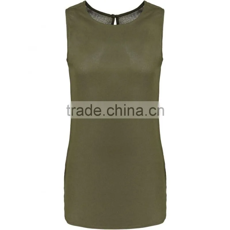 2016 Summer Plain Khaki Sleeveless Shell Tops For Ladies Latest Chiffon Plain Pockets Summer Tops