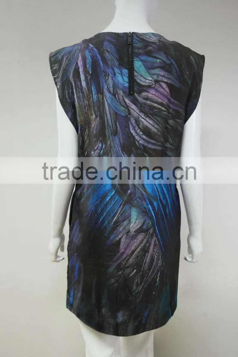 Fashion ladies sleeveless 100%silk habotai fixed printed dress