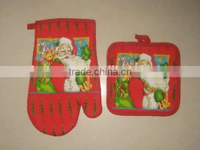 2pcs kitchen set Christmas design in cotton oven mitt and pot holder