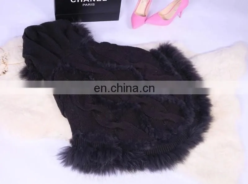 Raccoon and rabbit fur trimming cape cloak with buttons for women knitwear European style