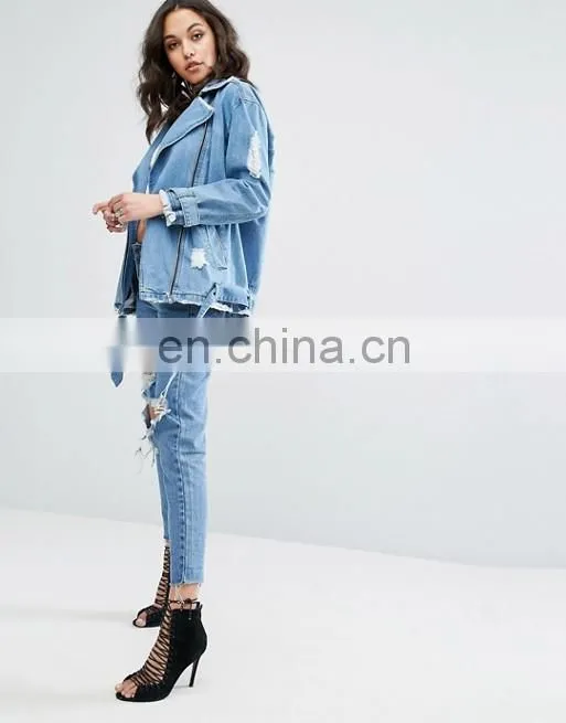 Fashionable womens baseball coat trendy denim motorcycle jacket