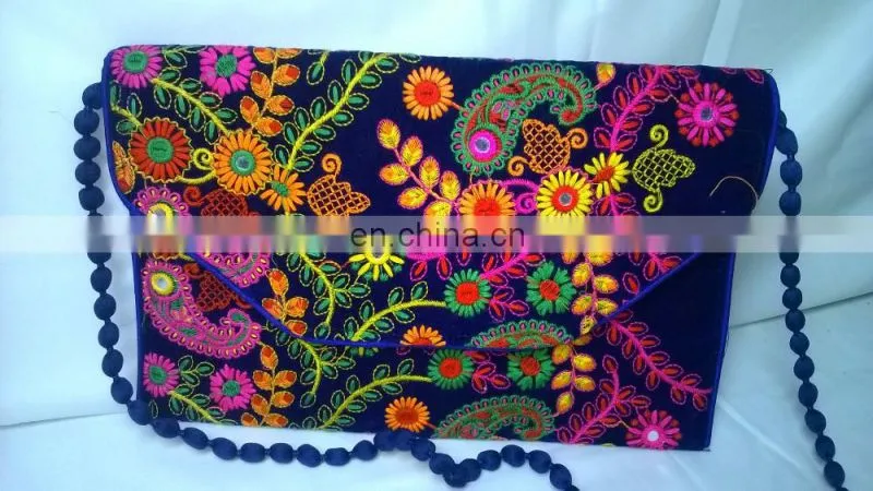 Hot Fancy Floral Embroidered Color Full Traditional Indian Velvet Party Clutch Tribal Ethnic Gypsy Clutch Evening Handbag Pouch