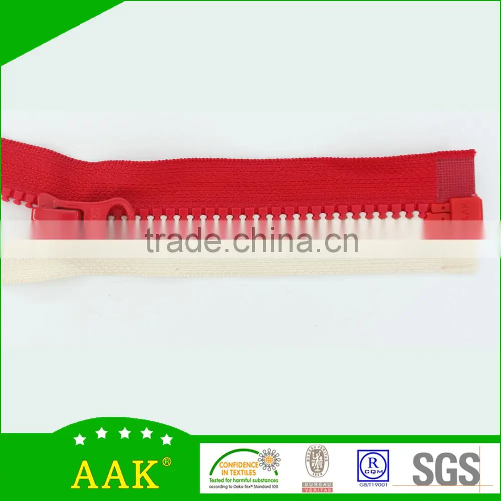 Zipper for jacket open ended 5# resin teeth in two colors tape each side