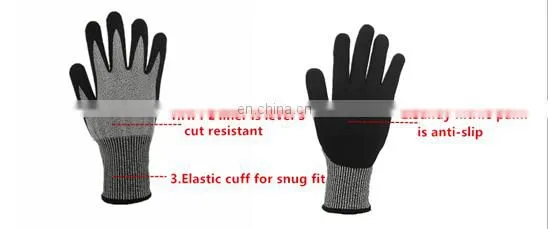 Palm Dipped Guantes Cut Gloves EN388 4343 HPPE Sandy Nitrile Flexible, Cut Resistant 1 Pair in 1 Pp Bag, 100pairs in 1 Carton