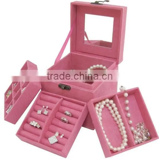 three-layer Princess Suede Velvet Jewelry Box / organizer / display storage Case with Mirror