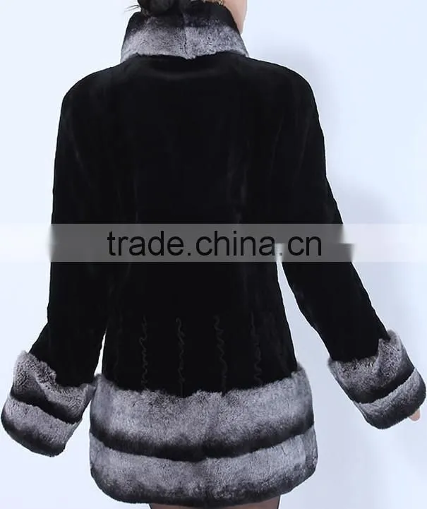 rex14060 short black rex rabbit fur coat chinchilla color trim