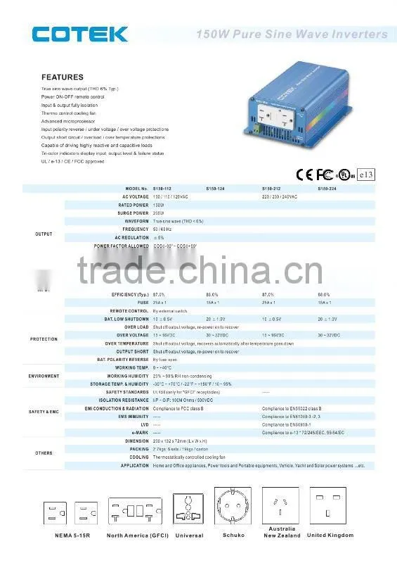 S150-224 COTEK 150w pure sine wave inverters(Low Frequency) 12V/24V/48V CE FCC