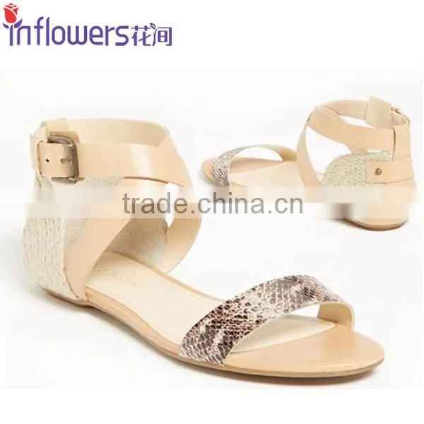Ankle strap glitter material wholesale ladies flat sandal shoes