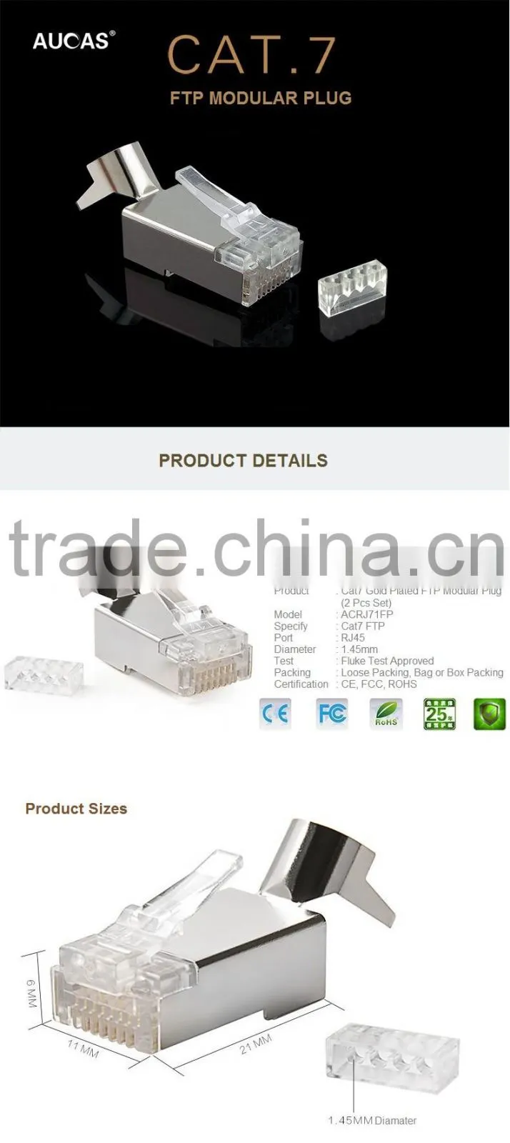 High Quality Cat7 RJ45 Modular Plug For Network Cable Cat7 Aucas Brand Offer Price