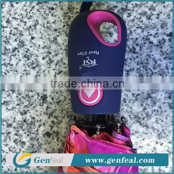 beautiful heat transfer printing auto open 3 folding umbrellas with custom brand logo label