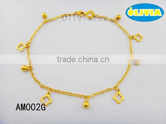 Olivia Jewelry Womens Stainless Steel Cute Animal Cable Chain Anklet with Gold Ball Pendant