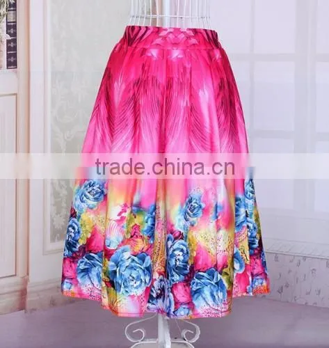 New Fashion Korean Casual Lady Women's Floral Large Hem Pleated Skirt