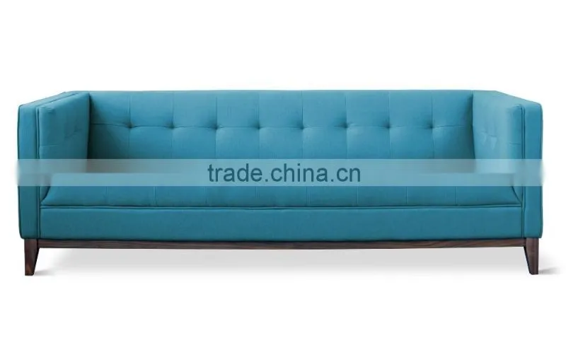 Foshan custom made furniture blue fabric upholstery wood structure 3 seater living room sofa