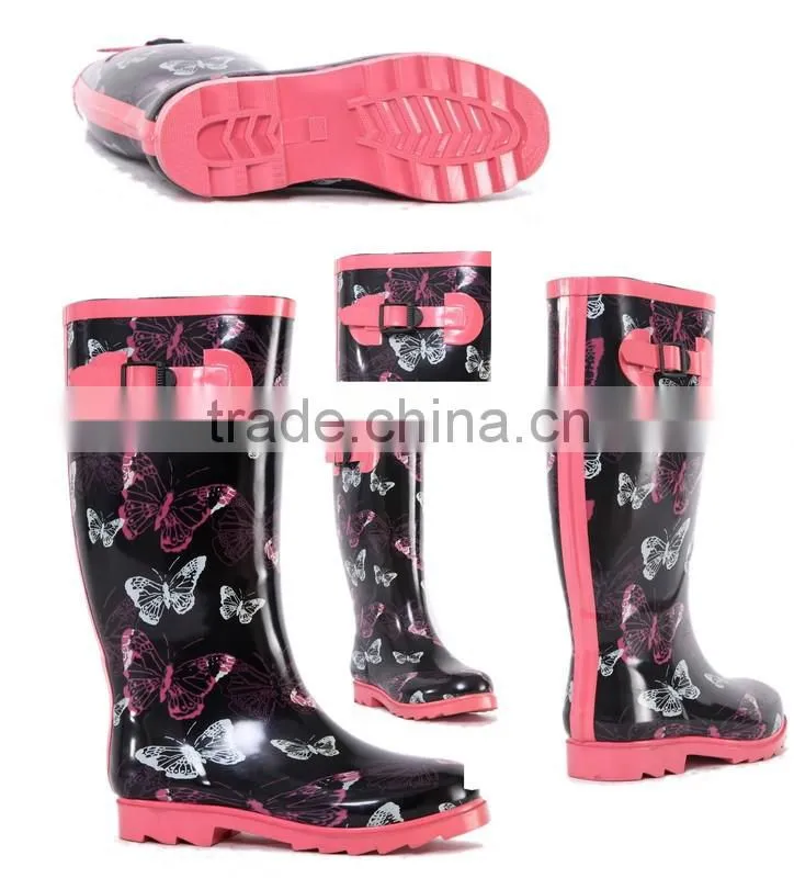 New Women Fashion Rubber Rain Boots butterfly pattern rain shoes for women