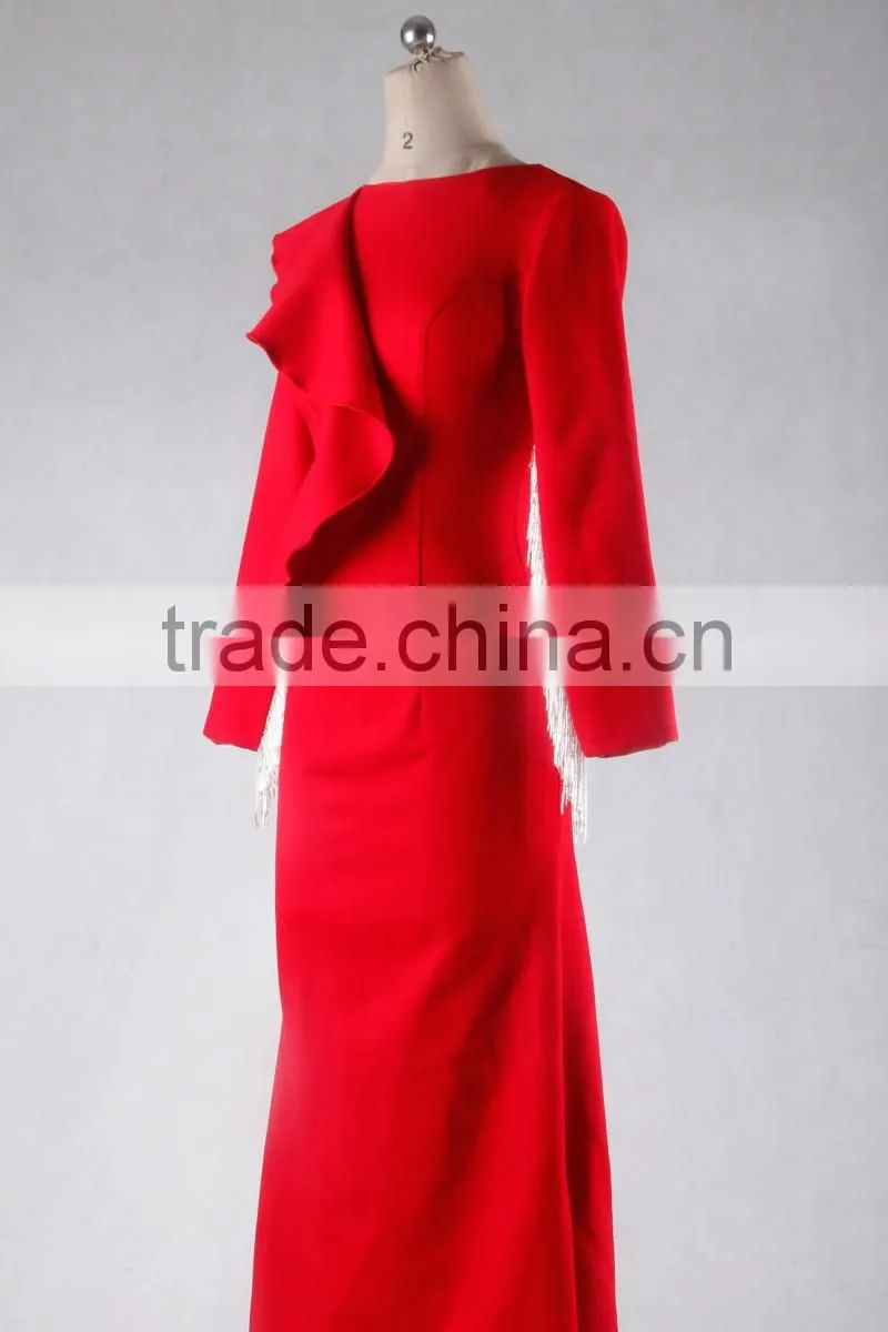 J--00103 red long sleeve muslim evening dress customized tassles o neck evening gown