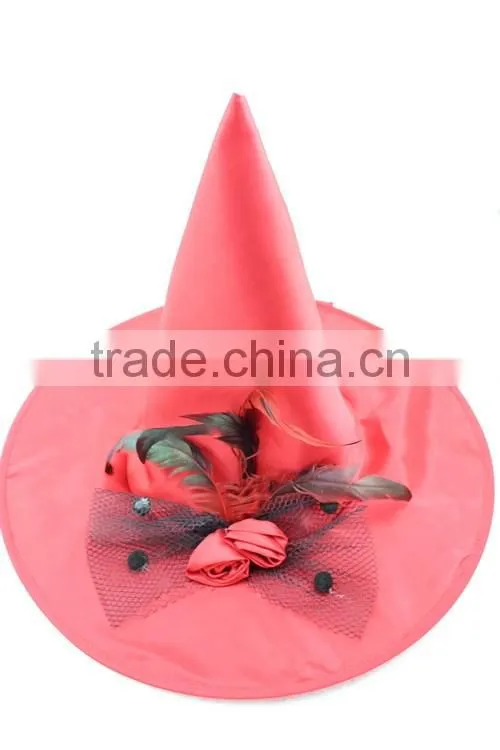 Halloween party red witch hat with flower and feather