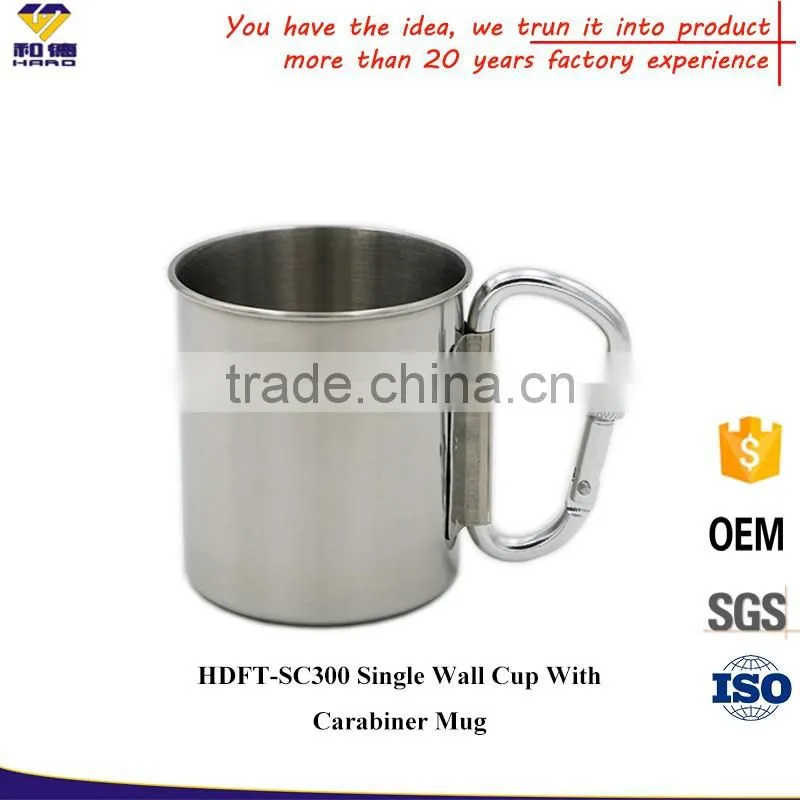 Single wall stainless steel carabiner travel mug