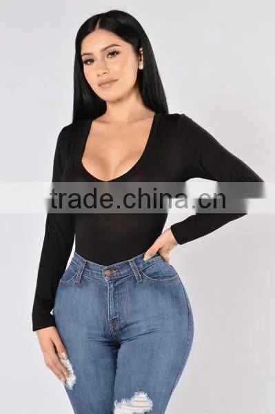 Most Popular Sexy Full Bodysuits 95% Rayon 5% Spandex Deep V Neckline Long Sleeve Sexy Bodysuits Women