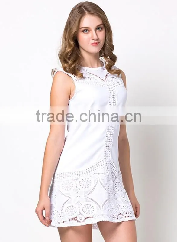 Fashion sleeveless short white summer women lace dress