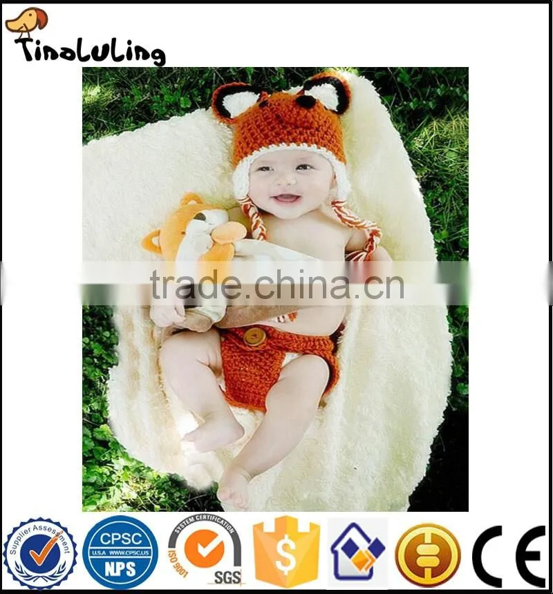 Fashion animal crochet beanies baby hat fox costume set newborn photography props infant handmade hat and diaper cover set