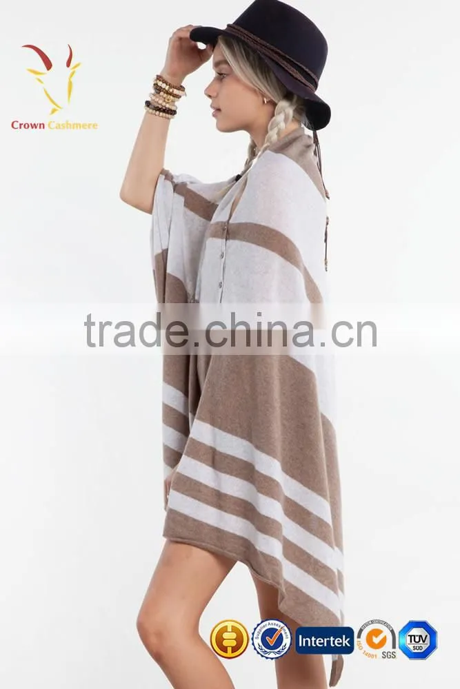 Cashmere Wool Knitted Poncho Shawls with Buttons Stripe Color Block Shawl