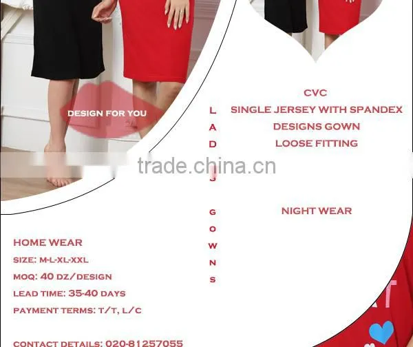 2015 Wholesale fashion lovely printed design S/S CVC women summer designs nightgown