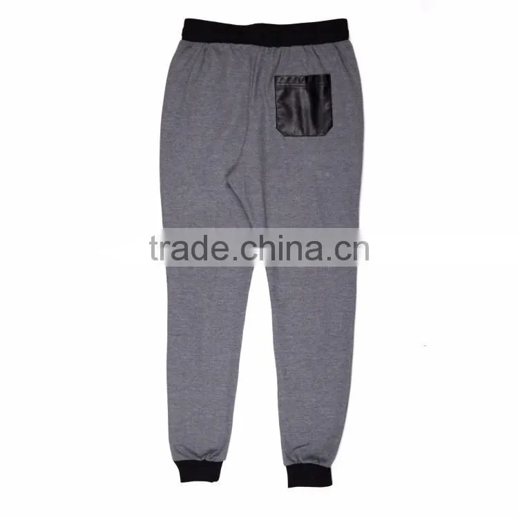 2016 custom new style pu leather patch zipper style elastic waist mens 100% polyester sweat pants
