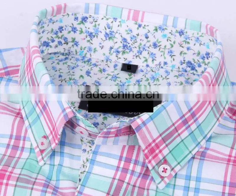 2017 new plaids men's long sleeve button-down slim fit shirt with contrast collar and cuff