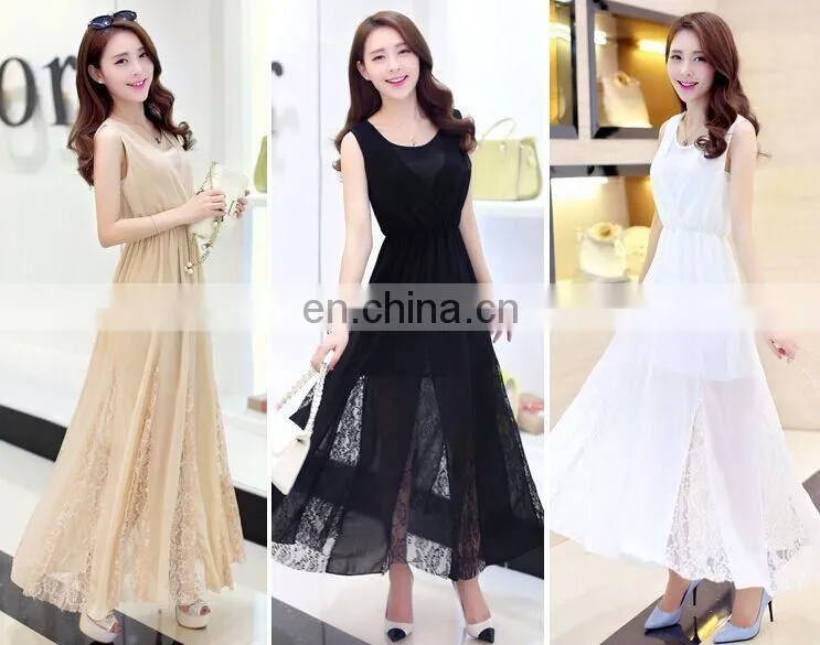 flowery lace stitching chiffon sleeveless long dress black white