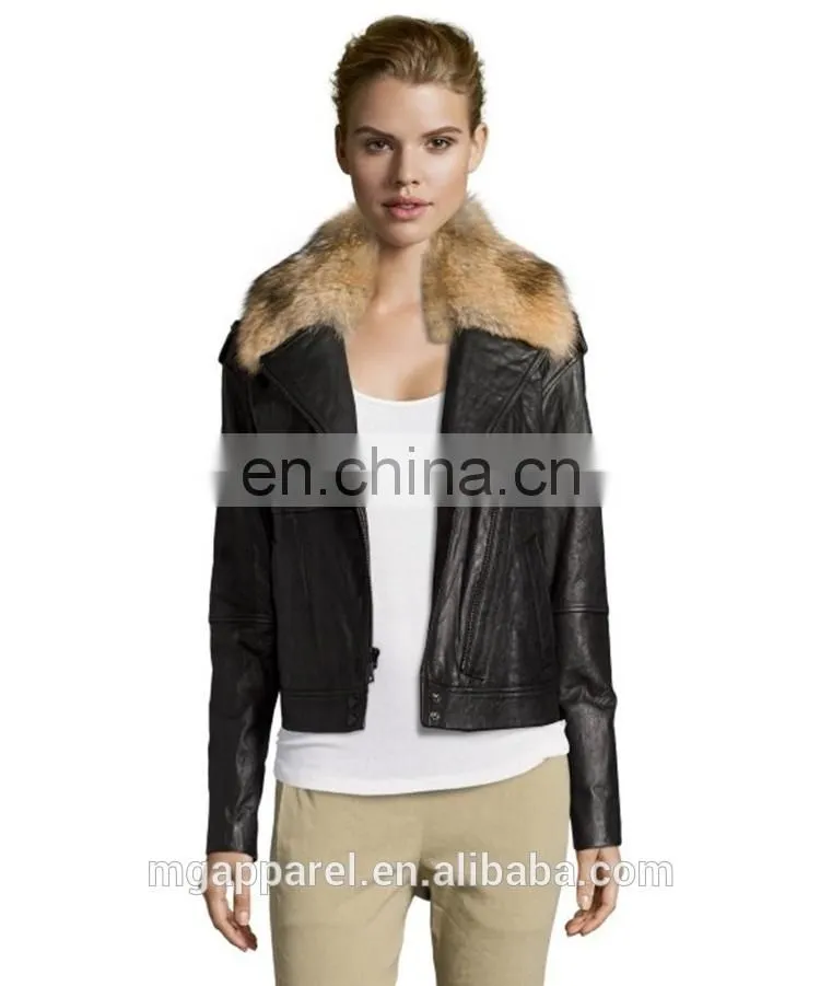 Black Leather Fur Collar Asymmetrical Zip Motorcycle Jacket Woman Coat