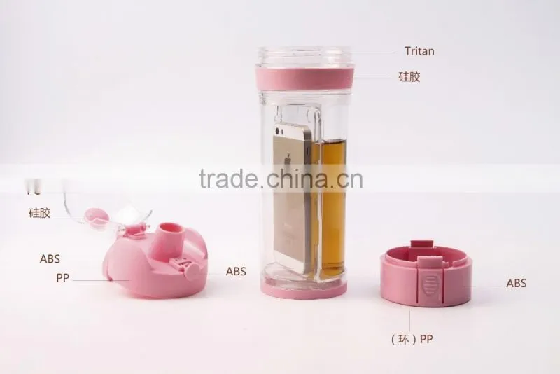 2 in 1 plastic water bottle with mobile holder 2 in 1 gym bottle