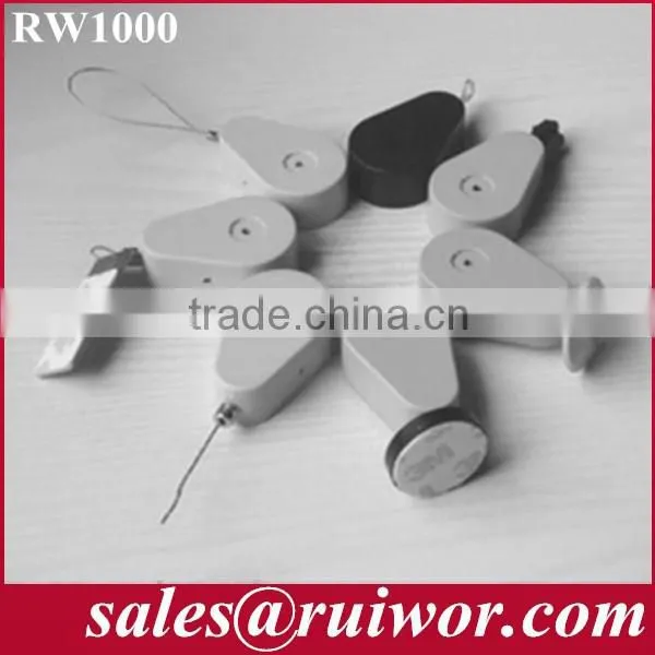Drop-shaped Retractable secure cordage with end connector used in retail stores