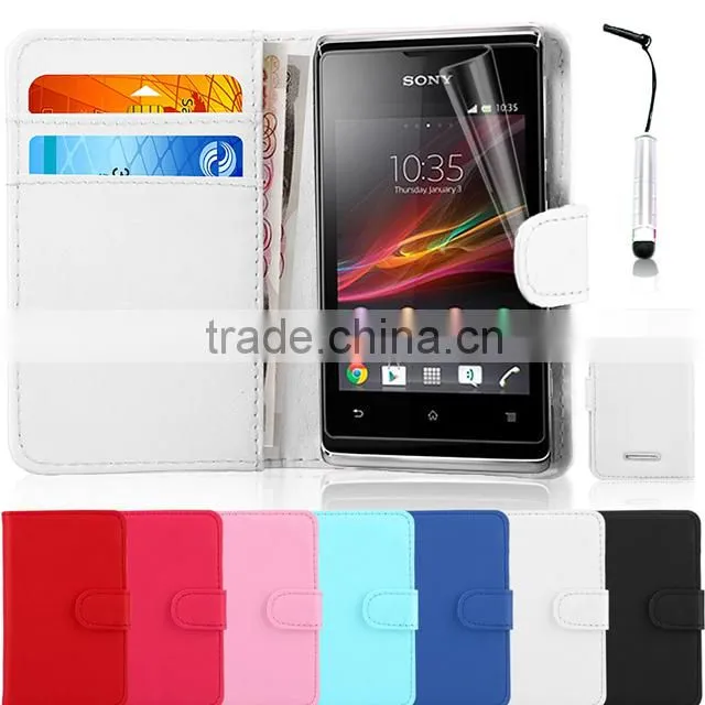 Set Screen Protector Stylus And Case For Sony Xperia E Dual C1605 , Leather Wallet White Phone Case