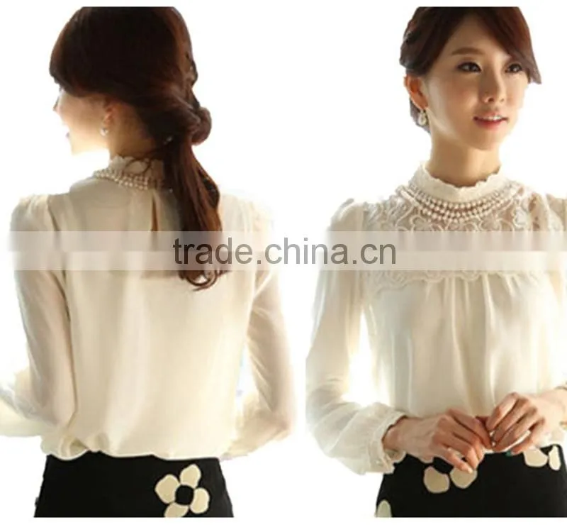 New Women Long Sleeve render unlined upper garment Sheer Lace Floral Chiffon Blouse White pearl collar tops