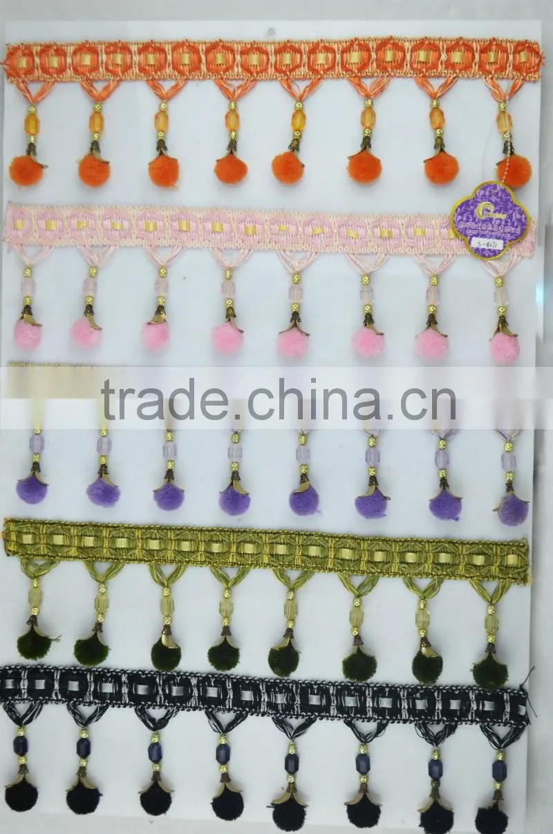 hot pom pom curtain tassel fringe trimming,fancy pom pom tassel fringe