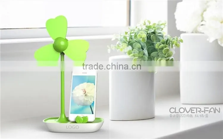 Four-Leaf Clover Soft Blade USB Mini Desktop Fan with Phone Holder+AC Adapter