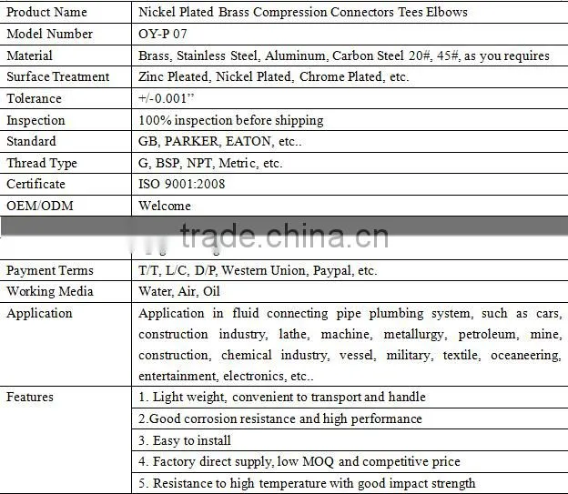 Nickel Plated Brass Compression Connectors Tees Elbows