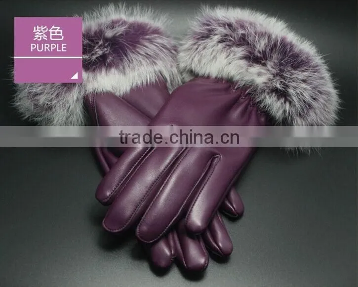 2015 Fashion Winter Leather Gloves Women Fur Gloves Ladies Leather Gloves