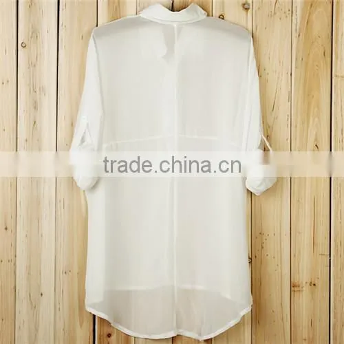 3 Colors Plus Size 2015 New Fashion Casual Women Clothing Ladies Chiffon Lapel Long Batwing Sleeve Shirt Top Blouse