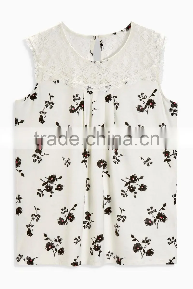 2016 Fashion Jersey Sleeveless Top With Beautiful Lace Yoke HST8033